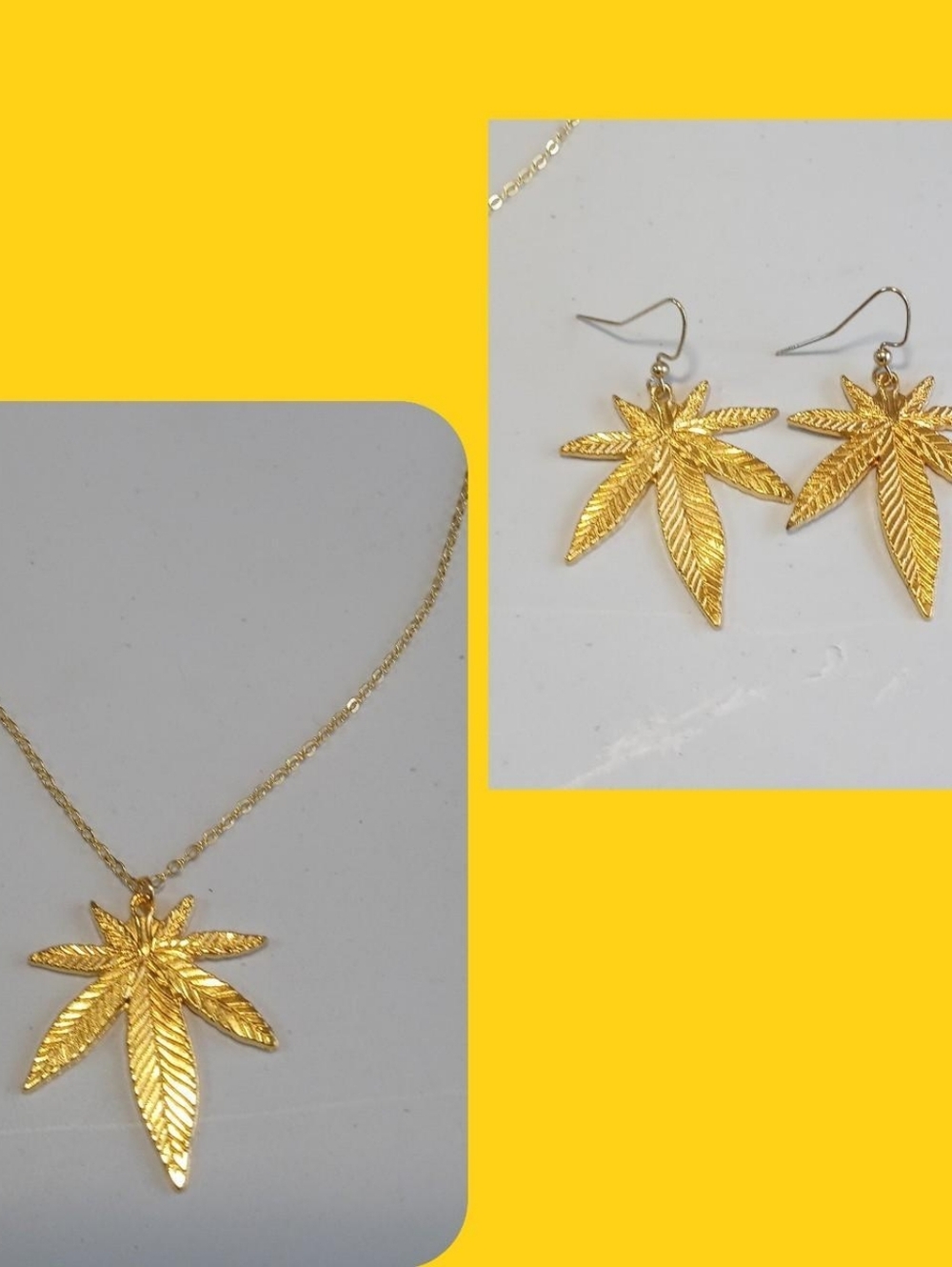 Bright Gold Pot Leaf Necklace & Earrings Set